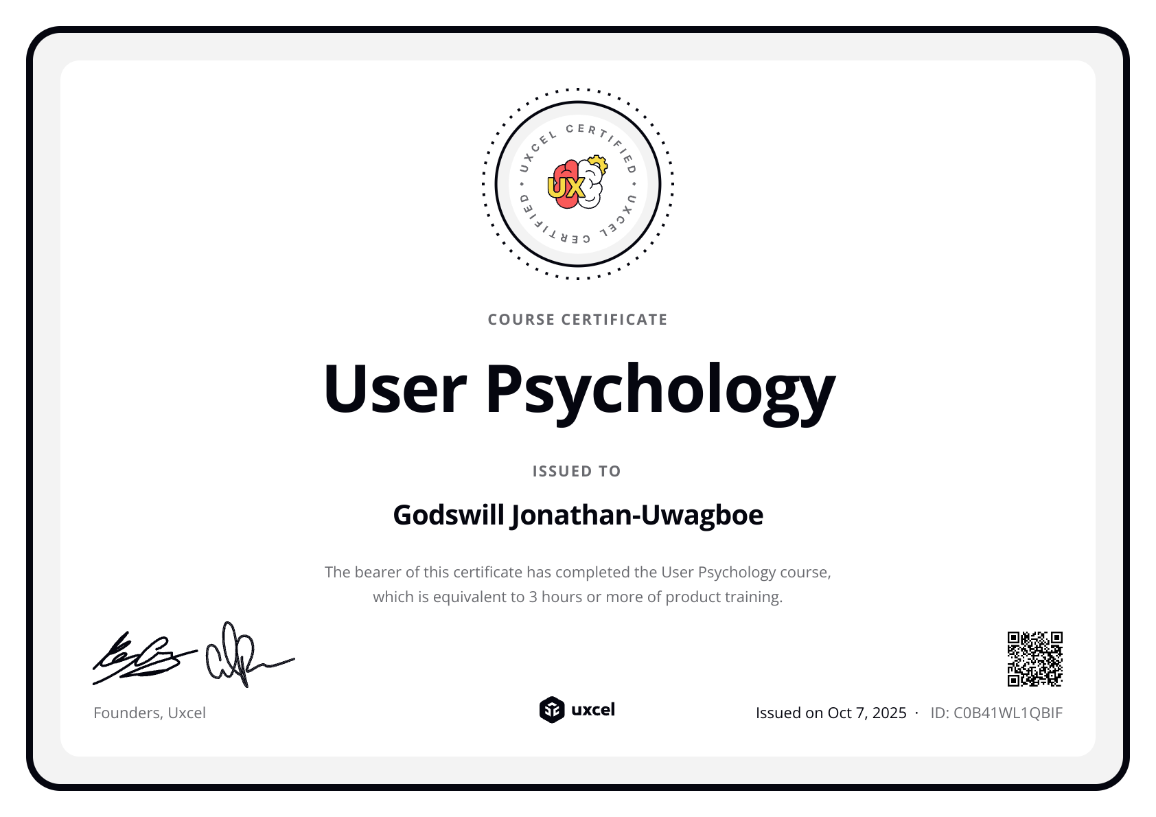Godswill Jonathan-Uwagboe's certificate